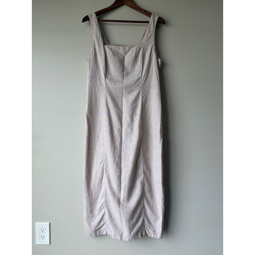 Old Navy Flax Linen Blend Square Neck Smocked Midi Dress Tan 425899-01 Womens L
